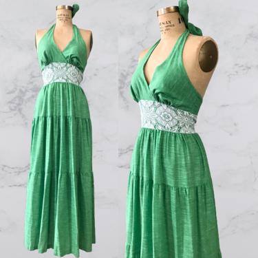 1970's Kelly Green Tiered Maxi Dress 