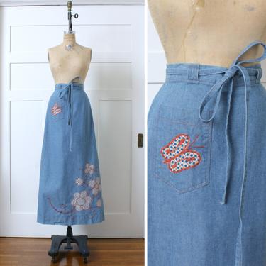 vintage 1970s denim maxi skirt • hippie wrap skirt with appliqué flowers &amp; butterfly 
