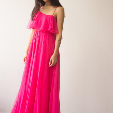 1970s Hot Pink Chiffon One Shoulder Gown 