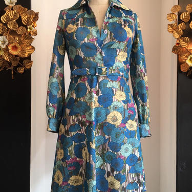 1970s mod dress, vintage 70s dress, retro floral print, size small, a line dress, teal flower print, polyester dress 