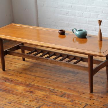 Walnut and Pecan Surfboard Coffee Table with Magazine Rack 