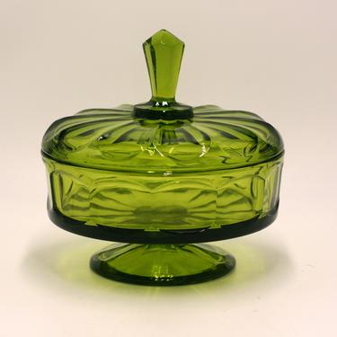 vintage green glass footed compote or candy dish with lid 