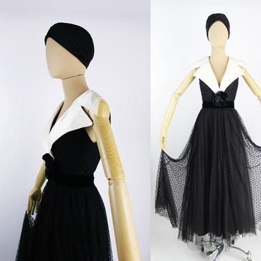 50s Black and White Party Dress / Vintage Gown / Polka dot Dress / Collared Dress / Tulle Dress / Size XXS 
