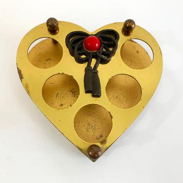 Vintage Golden Heart Lipstick Holder Gold Metal Cosmetics Vanity Makeup Stand Mid-Century Retro Ornate Old Hollywood Glam 1970s Storage Bow 