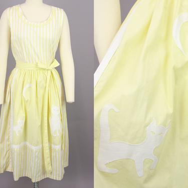 1950s SWIRL Dress with Cats & Moon Applique | Vintage 50s Yellow and White Striped Cotton Wrap Dress | large 