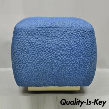 Vintage 1960s Square Pouf Ottoman Blue Stitched Fabric Rolling Casters Wheels