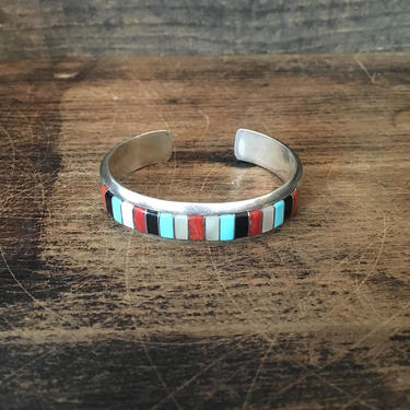 EL GASPER Vintage Silver Cuff | Zuni Turquoise, Mother of Pearl, Jet Coral Inlay Bracelet | Navajo Native American Southwestern Boho Jewelry 