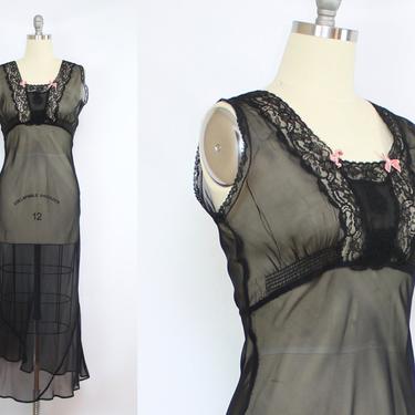 Vintage 30's 40's Black Sheer Rayon Nightgown / 1940's Long Length Slip / Lingerie / Women's Size Medium by Ru
