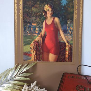 Original Print Edward Eggleston, 30's Girl In Red Swim Suit, American Artist, 30's Pin Up Girl, Vacation Days 