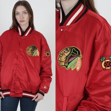 Vintage Chicago Blackhawks Starter Jacket / 90s Red Satin NHL Hockey Coat / Mens Size Extra Large XL 