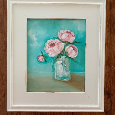 Pink peony in turquoise