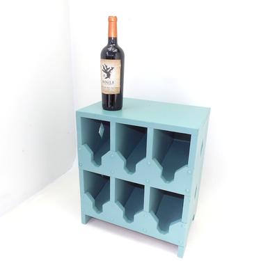 6 Bottle Wine Rack Bar Cart Shelf Display Mid Century Modern Wood Painted Coastal Sage Green Bottle Holder Liquor Cabinet Container Display 