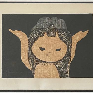 Signed Framed Kaoru Kawano Japanese Woodblock Print Girl With Birds 