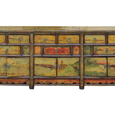 Chinese Distressed Light Green Yellow Long Sideboard Console Table Cabinet cs3511E 
