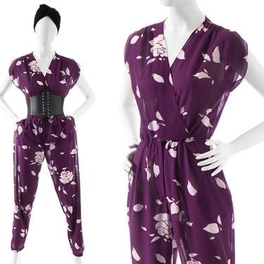 Vintage 1970s 1980s Jumpsuit | 70s 80s Rose Floral Printed Royal Purple Short Sleeve Full Length Romper Outfit with Pockets (small/medium) 