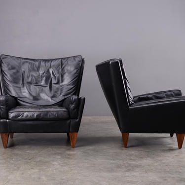 Pair of Mid Century Black Leather Armchairs Danish Modern 
