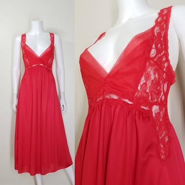 Empire Waist Nightgown Lingerie, Medium / Chiffon Neckline Lace Trim High Waist / Vintage Nylon Lingerie / Sexy Christmas Red Night Gown 
