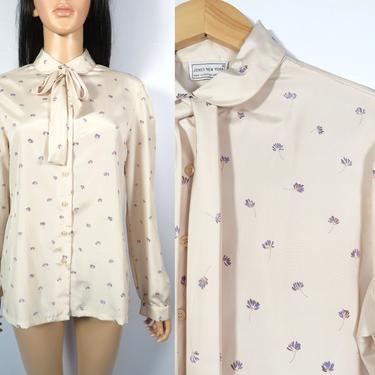 Vintage Peter Pan Collar Pussy Bow Jones New York Blouse Made In USA Size L 14 