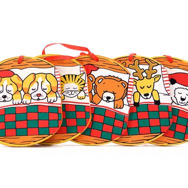 VINTAGE: 5 Wood Animal Ornaments - Couple Animal Sleeping - Cats, Dogs, Bears, Deer, Sheep - Christmas Ornaments - SKU 15-F2-00013606 