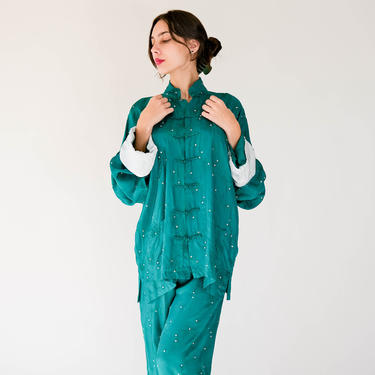 Vintage 70s Emerald Green Jacquard Chinese Loungewear Set w/ Embellished Crystal Studs | Streetwear, Kung Fu | 1970s Oriental Boho Pant Set 
