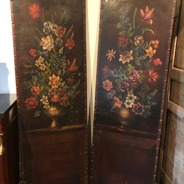 Pair of French Chateau oil painted leather panels, 1800s 