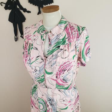 Vintage 1940's Novelty Print Dress / 40s Pink Bow Day Dress L/XL 