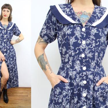 Vintage 90's Blue Floral and Bow Midi Dress / 1990's Large Collar Dress / Button Front / Pockets / Women's Size Small Medium 