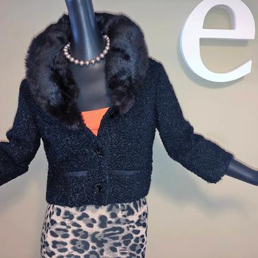 Vintage 50s Black Persian Curly Lamb Jacket w Fox Fur Collar 1950s Rockabilly Glam Sexy Vixen Crop Coat by Winter Products Size Small 