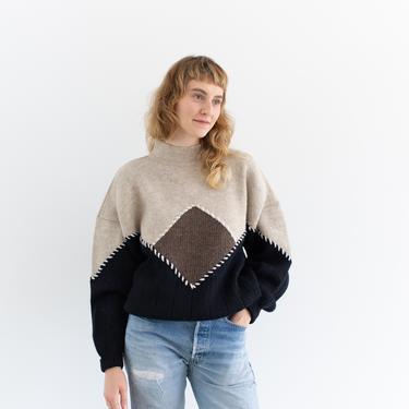 Vintage Cream Wool Diamond Geometric Sweater | Mockneck Black Brown Jumper | M L | 