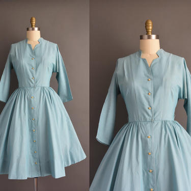 1950s vintage dress | Jonathan Logan Blue Cotton Sweeping Full Skirt Shirt Dress | Small Medium | 50s dress 