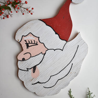 Vintage Santa Wall Decoration | Homemade Handmade Painted Cut Wood Santa Claus Illustration | Wreath Component Craft Supply Vintage Kitsch 