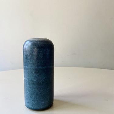 Minimalist Bullet Shaped Vase Pottery Matte Glaze signed design Blue 