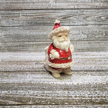 Vintage Ceramic Santa Claus, 1950's Good Wishes Napco Santa w/ Toy Sack, Spaghetti Trim Santa Suit Planter Figurine, Vintage Christmas Decor 