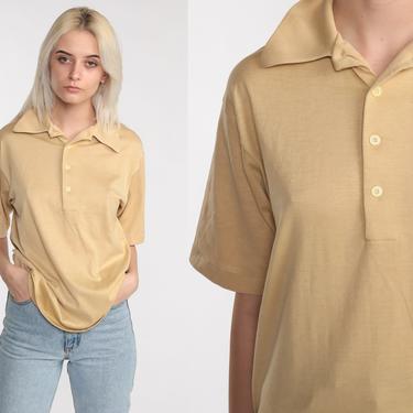 Beige Polo Shirt 70s Half Button Up Shirt Collared Short Sleeve Geek Retro Shirt Plain Vintage 1970s Small 