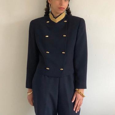 90s double breasted pant suit / vintage midnight blue military band leader pant suit / cropped blazer petite pant suit | XS S 
