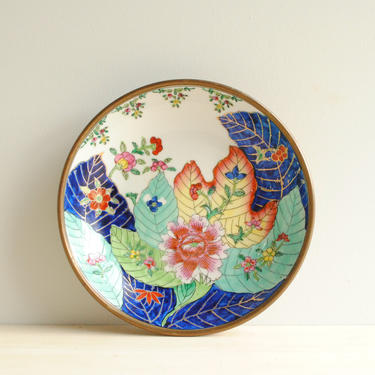 Vintage Porcelain and Brass Hand Painted Bowl, Chinese Bowl, Hong Kong Bowl, Decorative Floral Dish by Andrea Hong Kong 