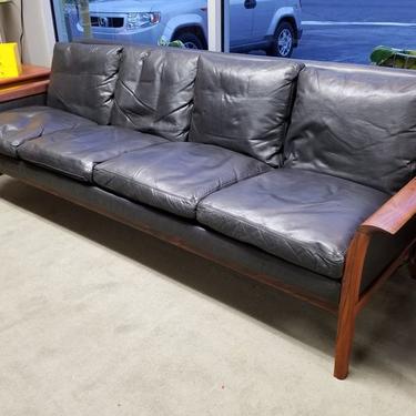 Danish Modern rosewood and black leather sofa by Hans Olsen