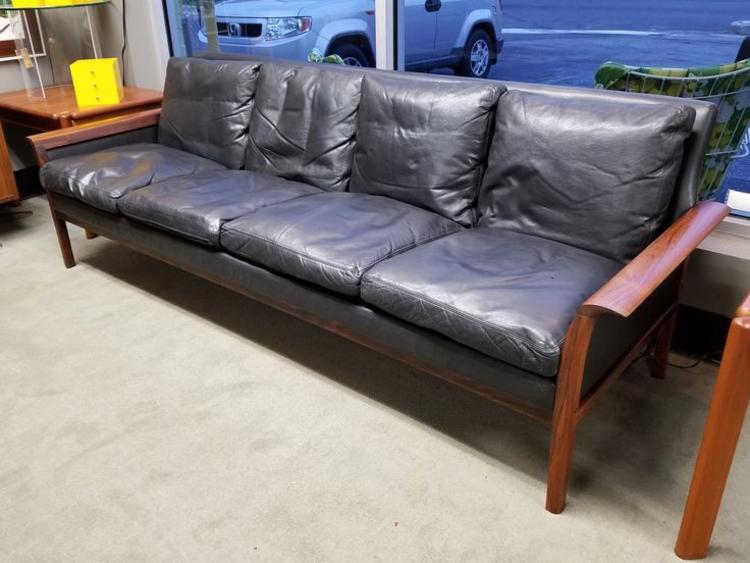 Danish Modern rosewood and black leather sofa by Hans Olsen