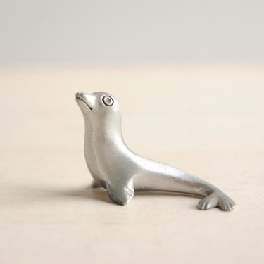 Vintage Tiny Pewter Seal Figurine, Silver Sea Lion 