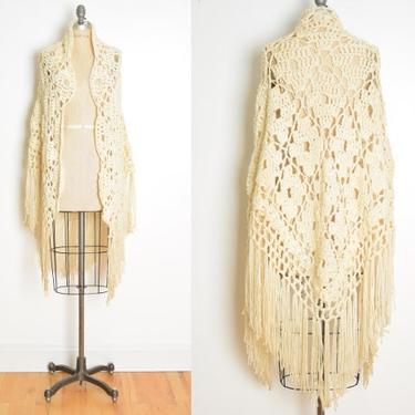 vintage 70s shawl cream crochet draped sweater cape hippie boho wrap clothing 