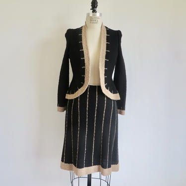 Vintage  1970's Adolfo Black and Tan Wool Knit Cardigan Sweater and Skirt Suit Set Ensemble Saks Fifth Avenue Chanel 28&quot; Waist Small 