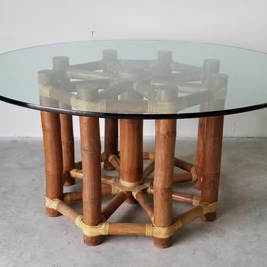Vintage McGuire Bamboo and Glass Top Round Dining Table. 