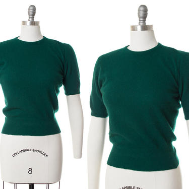 Vintage 1950s Sweater | 50s Forest Green Cashmere Knit Short Sleeve Pullover Sweater Top (small/medium) 
