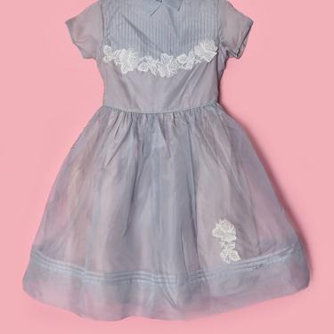 NEW * Sky Blue *Vintage Little Girls Silk Party Dress, Gray, Lavender, Full Skirt, Orig TAGS, 1950's DRESS Gown 