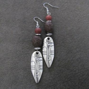 African mask earrings, tribal dangle earrings, lava rock earrings, Afrocentric earrings, ethnic earrings, unique primitive earring, tiki 
