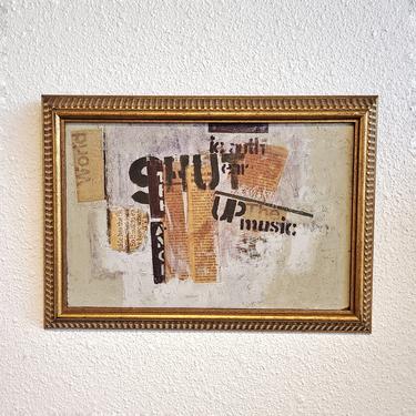 'SHUT UP THE MUSIC' FRAMED MIXED MEDIA COLLAGE ON MASONITE BY RAY SMITH (b.1959)