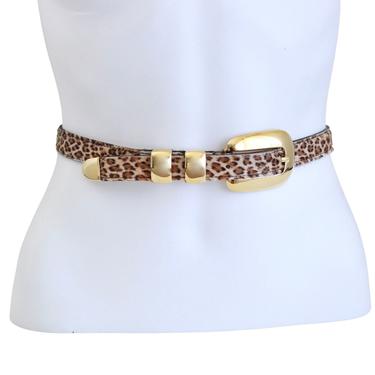 1990s Faux Leopard Print Fur Belt - Vintage Leopard & Gold Belt - 1990s Thin Fashion Belt - Vintage Leopard Print Belt - 1990s Womens Belt 