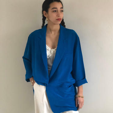 90s silk blazer / vintage cerulean peacock blue silk single button plunging relaxed blazer | S M 