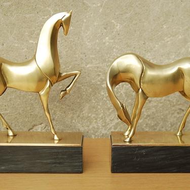 High Sheen Brass Horse Bookends with Marble Bases 