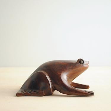 Vintage Hand Carved Rosewood Frog Statue, Wood Frog Figurine, Frog Paperweight 